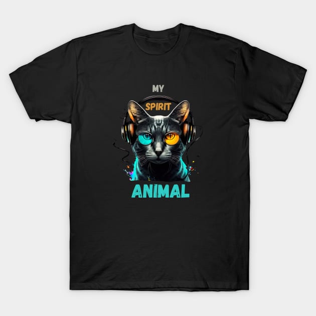 Cat is My Spirit Animal, Gaming Raving Cat Listening to Music, Cat wearing Headphones with Glasses T-Shirt by Metaphysical Design